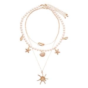 Three-layer gold starfish and shell necklace with pearls and rhinestone accents