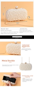 Detail of beaded evening bag featuring cream pearls and elegant gold chain strap