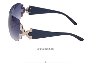 Detail of Y2K wrap-around sunglasses with rhinestone horse-bit metal buckle