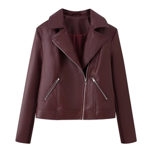 Damen PU Kunstlederjacke Kurz Bikerjacke Revers Reißverschluss Motorrad Streetwear Langarm Weinrot