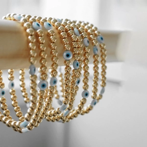 Evil Eye Beaded Bracelet Natural Shell And Gold Plated Copper Beads Elastic Bohemian Ethnic Jewelry For Women