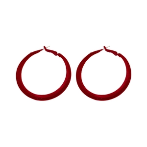 Retro geometric round hoop earrings with burgundy velvet texture and subtle gold glitter