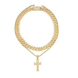 Luxury hip hop gold plated Cuban link chain and diamond cross pendant necklace set for men
