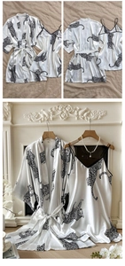 Detailed close-up of champagne silk satin pajama set with black leopard print pattern