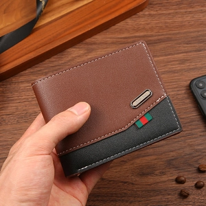 Men's bifold short wallet in brown and black leather with vintage contrast stitching