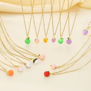 Colorful Enamel Fruit Pendant Necklace For Women Stainless Steel Chain Sweet Fresh Apple Peach Pomegranate Jewelry