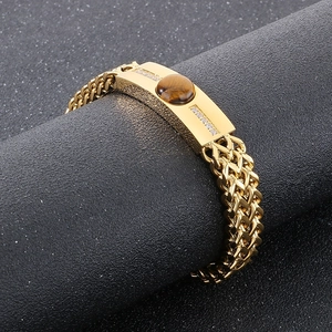 Men Stainless Steel Bracelet With Tiger Eye Stone And Zircon Double Row Woven Wheat Chain Hip Hop Punk Jewelry