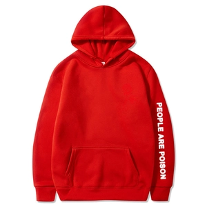 Red hooded sweatshirt with People Are Poison print on sleeve and kangaroo pocket