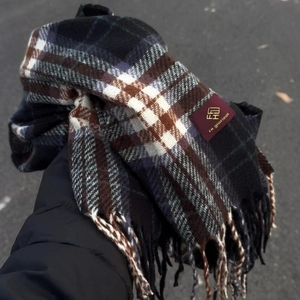 Classic plaid scarf in navy and brown wool blend with stylish fringe and label
