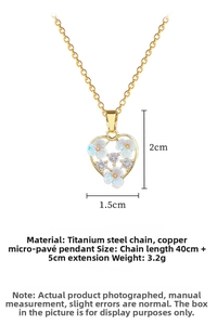 Detailed view of heart pendant necklace showing floral zircon inlay and 40+5cm chain size