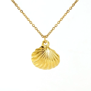 Fashionable golden shell pendant necklace made of high-quality titanium steel on white background