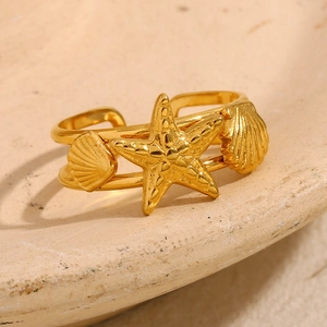18K gold plated starfish and scallop open ring with adjustable stainless steel band