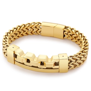 Men's gold wheat chain bracelet featuring geometric hollow square links in stainless steel