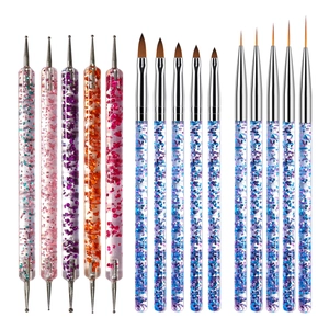 Macro display of 15-piece nail art brush set with glitter-filled acrylic handles and tools