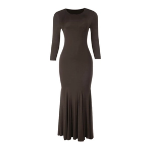 Detail of dark brown long sleeve bodycon maxi dress with flared mermaid hemline