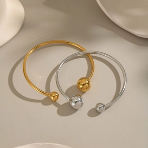 French vintage style stainless steel open bangles with gold and silver bead accents