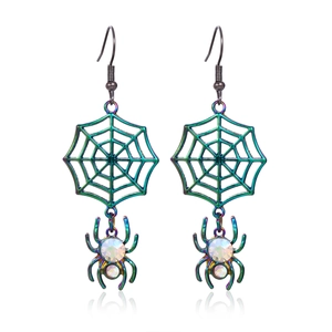 Spider web drop earrings with iridescent metal spider and white opal accents for Halloween