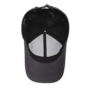 Deep grey camouflage cotton baseball cap showing internal stitching and metal buckle