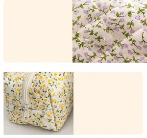 Detail of quilted floral cosmetic bags showing high-quality fabric and zip closure