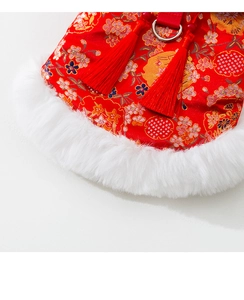 Detail of red pet vest with floral embroidery, faux fur trim and tassel decoration