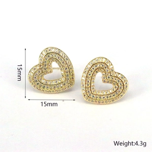 Retro heart-shaped gold studs with micro-pave zircons for women, 15mm size