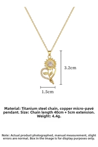 Detailed view of gold sunflower heart necklace showing 45cm length and size specifications