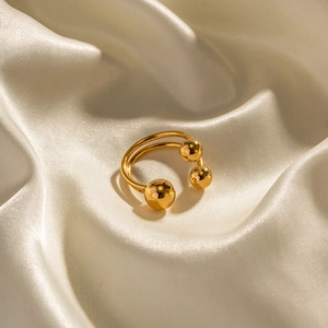 Bague ouverte élégante plaquée or 18 carats double couche avec trois sphères sur soie
