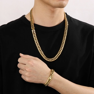 Men's hip-hop 12mm gold titanium steel curb chain necklace and bracelet jewelry set
