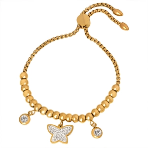Golden titanium steel beaded bracelet with butterfly and round crystal charms for women