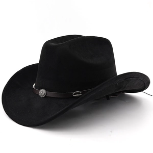 Close-up of black wool cowboy hat with leather band and vintage sunflower buckle
