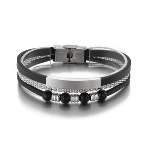 Men's multi-layer woven leather bracelet with stainless steel beads and brushed metal plates
