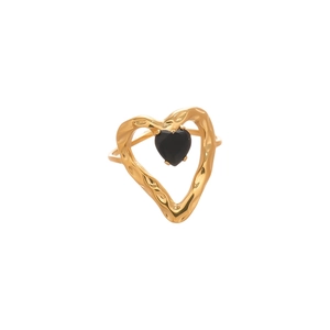 Bague double couche en acier doré avec pierre d'onyx noire en forme de cœur, ajustable
