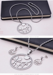 Detail of silver titanium steel necklace and earrings set with crystal bird motif