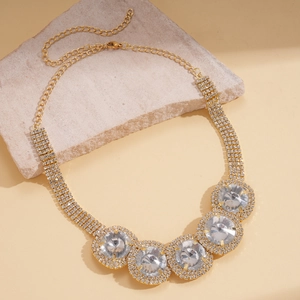 Luxury gold-plated rhinestone statement necklace with five large round crystals