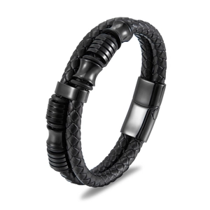Men's Braided Genuine Leather Bracelet With 316L Stainless Steel Magnetic Clasp Multilayer Beads Punk Retro Jewelry