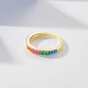 Classic gold s925 silver ring featuring a rainbow of rectangular inlaid gemstones