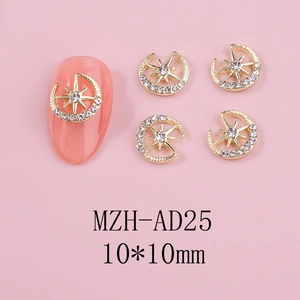 Detail of alloy star nail charms with rhinestones on pink artificial nails for DIY manicure