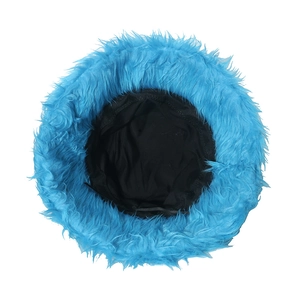 Detail view of electric blue faux fur bucket hat with black lining and soft plush texture