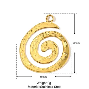 Detailed view of a golden stainless steel spiral pendant with size specifications