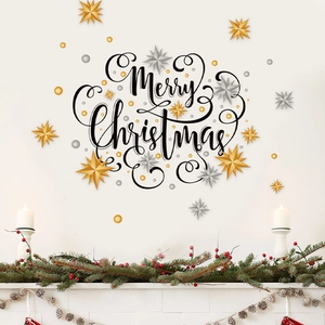 Merry Christmas wall decal with gold and silver 3D stars for festive home decoration