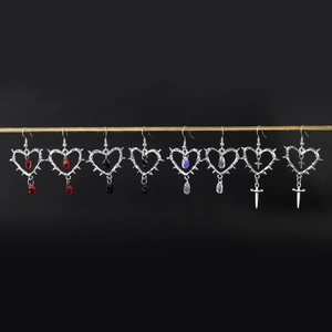 Punk gothic heart hoop earrings with thorn design and colorful crystal waterdrop pendants