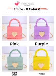 Collage of heart-shaped mini jelly handbags in pink, purple, green and yellow colors