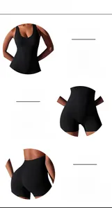 Detail of high-waisted seamless black yoga bodysuit featuring tummy control and butt lift