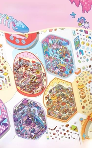 Detail of 2.5D creative miniature scene PET stickers with vibrant colorful illustrations