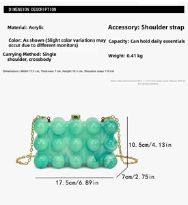 Tableau détaillé des dimensions du sac bandoulière en acrylique avec spécifications de taille