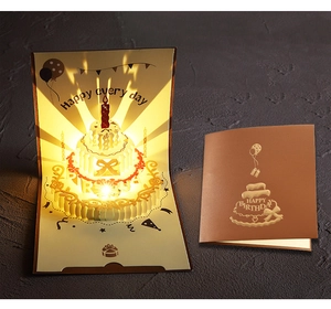 3D pop-up birthday card with glowing multi-layer cake and warm yellow light detail