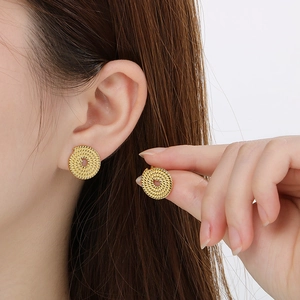 Elegant gold twisted spiral round stud earrings in polished stainless steel for women