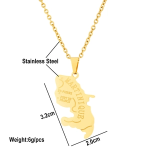 Detailed view of Martinique map pendant in gold stainless steel, size 3.2cm x 2.0cm