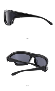 Detail view of sporty black oversized sunglasses showing side and back profiles