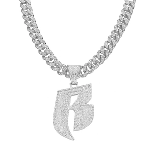 Silver iced out Cuban link chain necklace with sparkling crystal letter B pendant